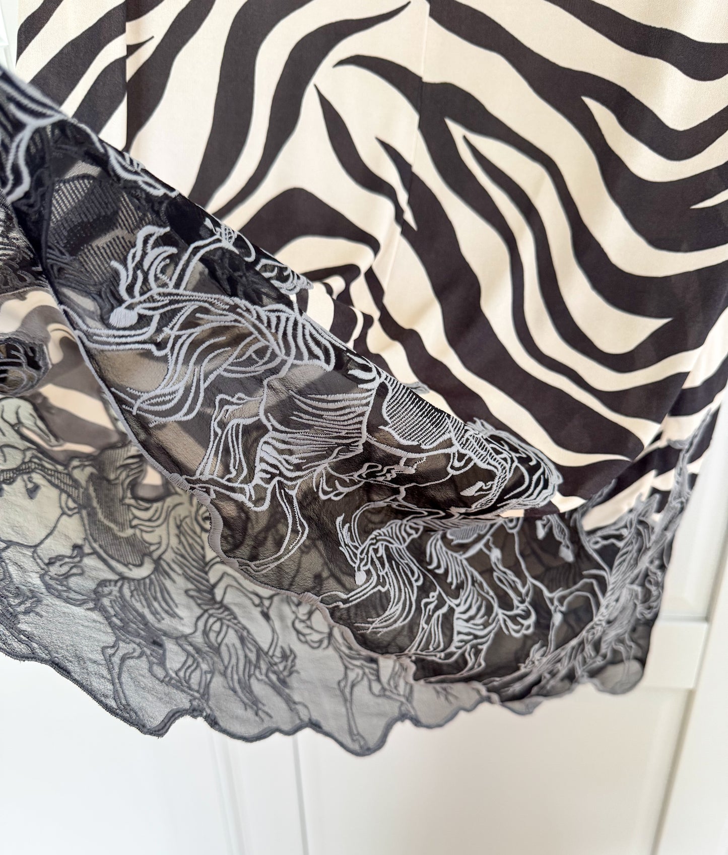 Chloé lace-trimmed zebra print satin midi skirt
