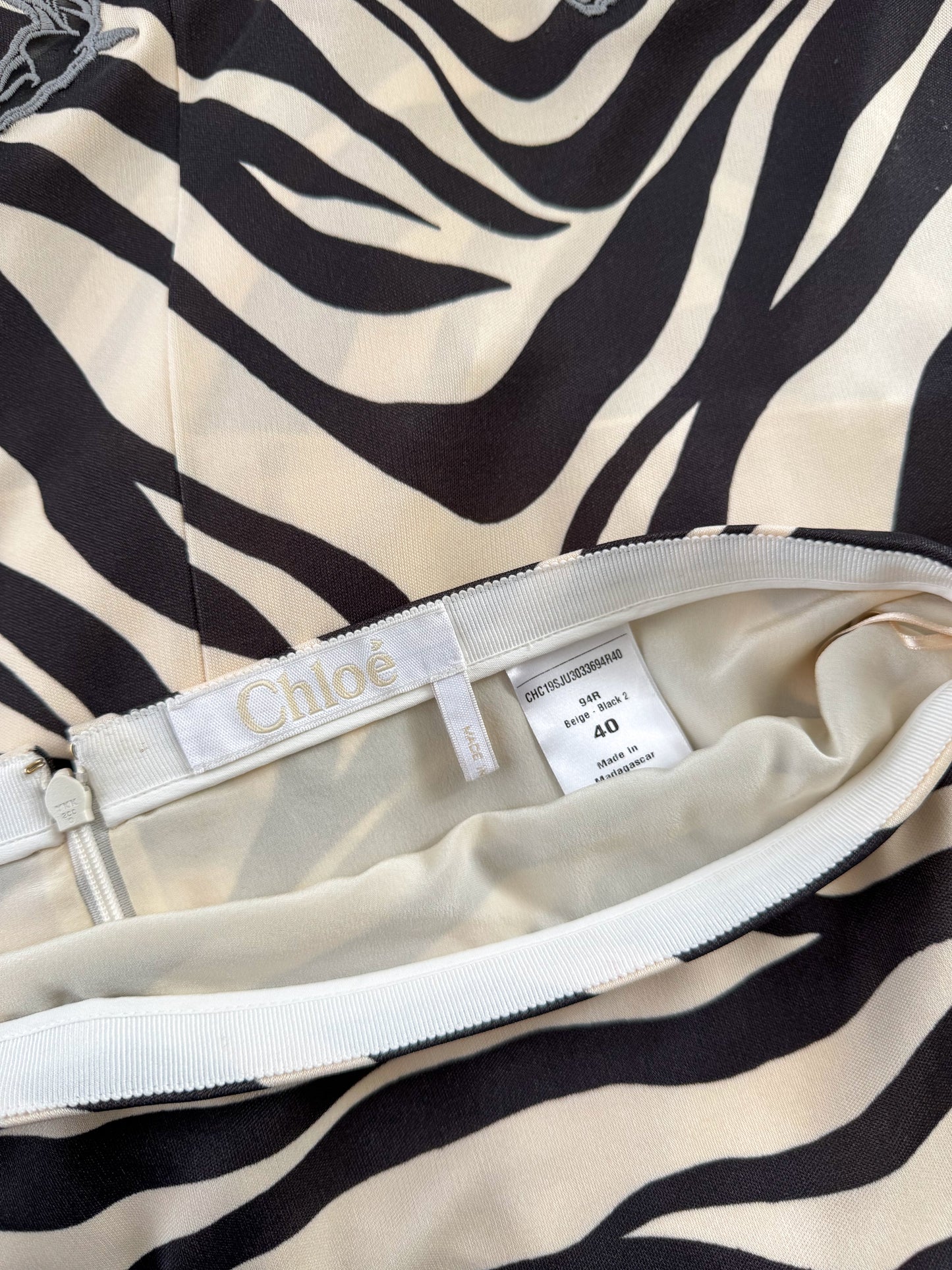 Chloé lace-trimmed zebra print satin midi skirt
