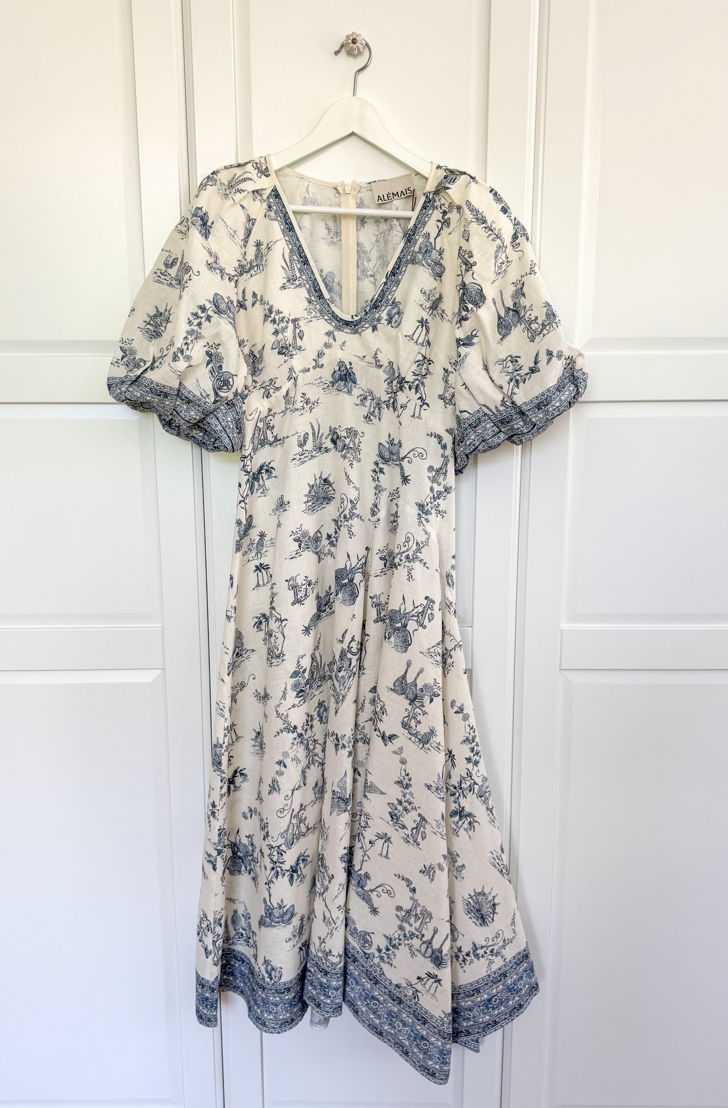 ALÉMAIS 'Casa' floral linen midi dress with puffy sleeves