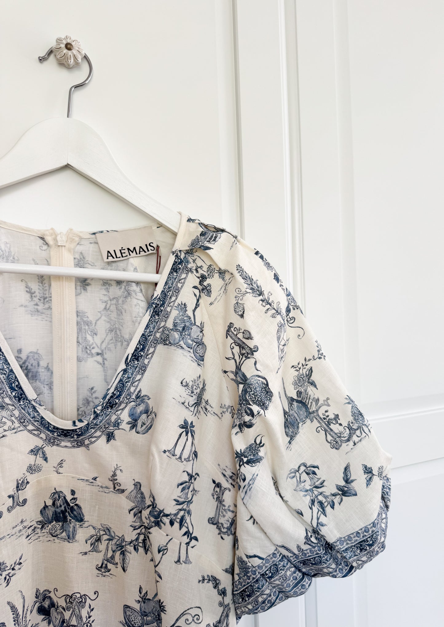 ALÉMAIS 'Casa' floral linen midi dress with puffy sleeves