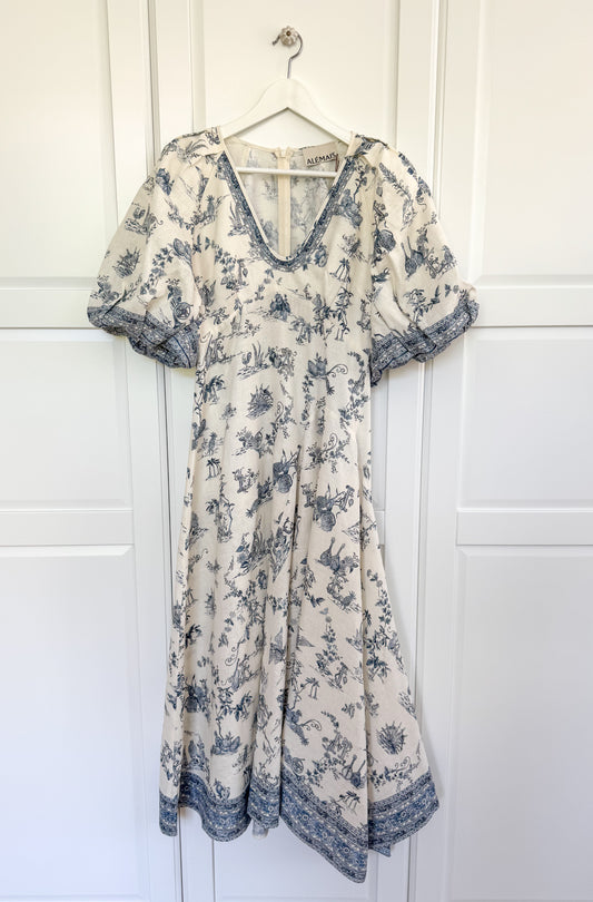 ALÉMAIS 'Casa' floral linen midi dress with puffy sleeves