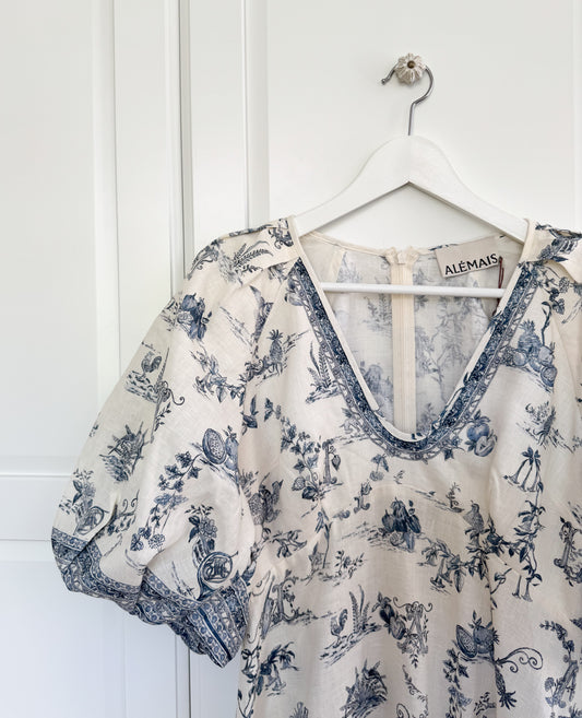 ALÉMAIS 'Casa' floral linen midi dress with puffy sleeves