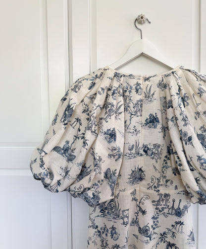 ALÉMAIS 'Casa' floral linen midi dress with puffy sleeves